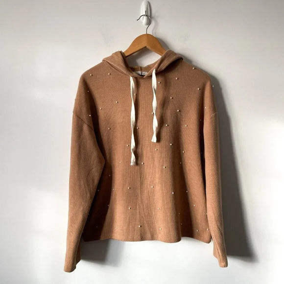 Zara Pearl Sweatshirt Sweater Pullover Hooded Tan Camel Size Small - Picture 6 of 10